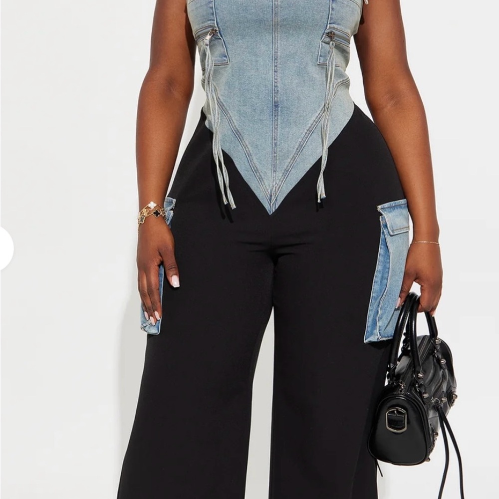 Women's Black and Blue Denim Corset jumpsuit - Picture 5 of 6
